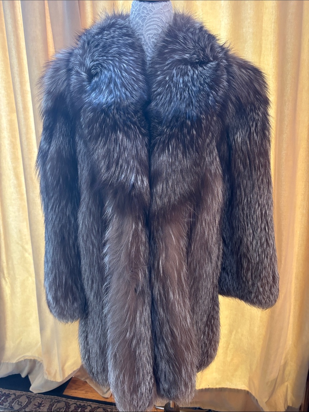 Custom brown silver tipped fox real fur jacket 32” length